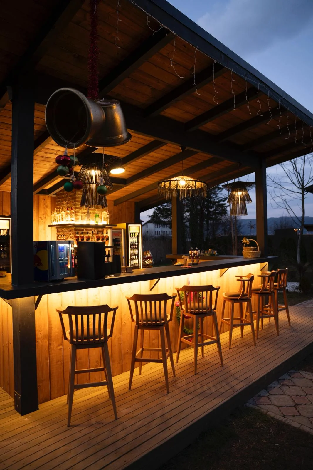 Bar seating area with forest views